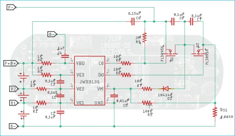 3S 6A BMS Module Internal Circuit 3S 6A Lithium Ion Battery Management and Protection Module (BMS) Schematic