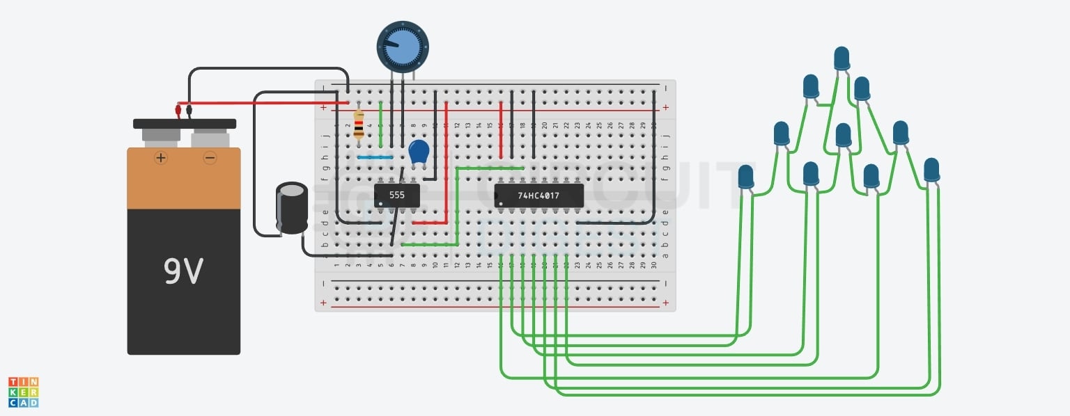 Circuit Diagram of LED Chaser Circuit Complete LED chaser circuit diagram using 555 timer IC and CD4017