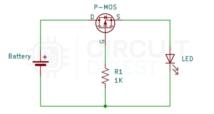 P-Channel MOSFET Reverse Polarity Protection Circuit Diagram P-channel MOSFET reverse polarity protection circuit — IRF9710 with gate pull-down resistor and 1N4007 blocking diode. VGS controls turn-on automatically based on supply polarity.
