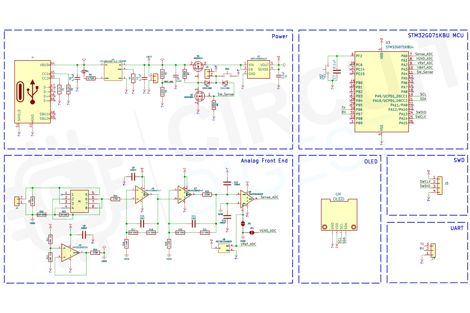 Precision Digital Micro Current Meter Schematics Complete schematic diagram of precision digital micro current meter showing STM32 microcontroller, MAX4239 amplifier, INA333 instrumentation amplifier, and power management circuit