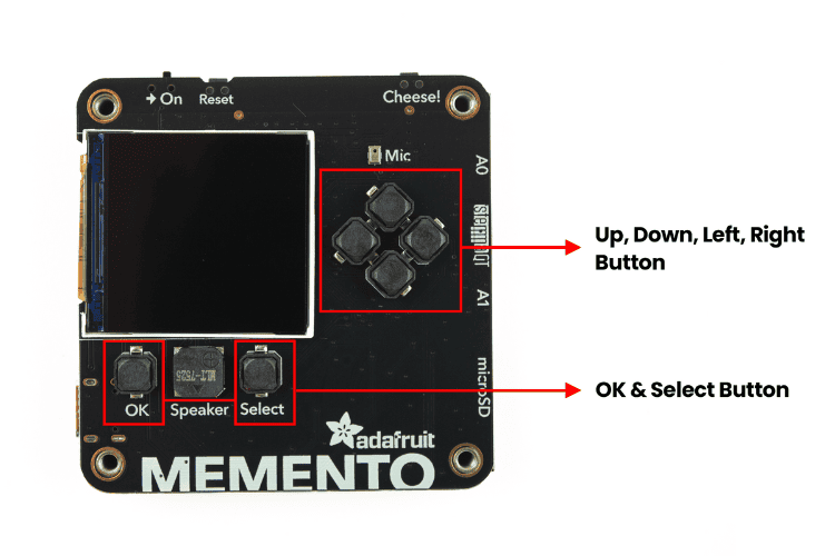 Adafruit MEMENTO six user interface buttons layout