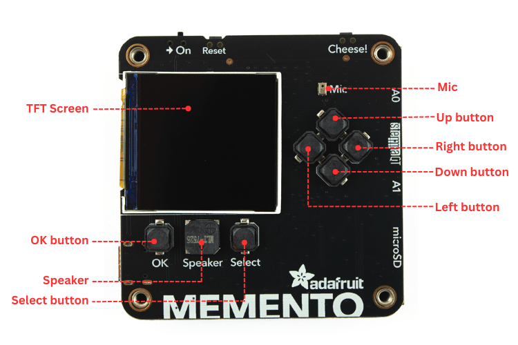 Adafruit MEMENTO front view with LCD display, buttons, and speaker labeled