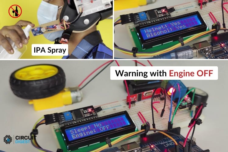 Alcohol detection demonstration using MQ-3 sensor with isopropyl alcohol showing LCD display alcohol detection status in smart helmet using Arduino
