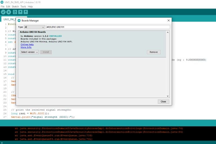 Arduino UNO R4 Boards successfully installed