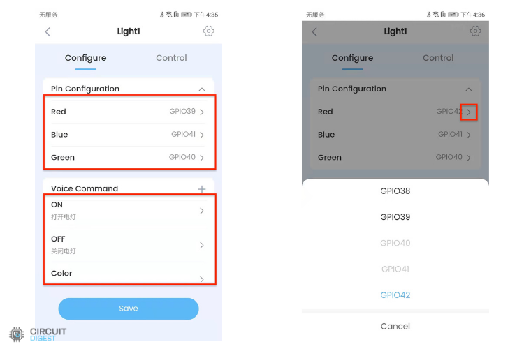 ESP-BOX app configuration menu showing GPIO pin settings and customization options