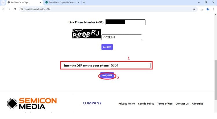 Entering OTP Received on Phone to verify SMS Alert in Circuit Digest API