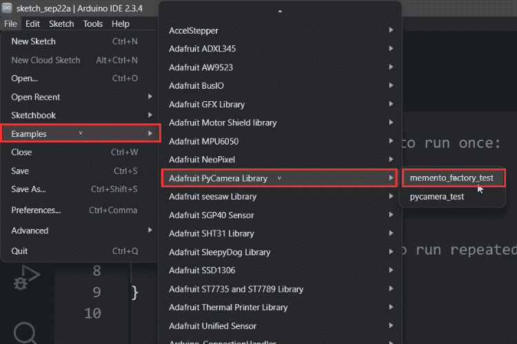 Arduino IDE examples menu showing Adafruit PyCamera sample programs