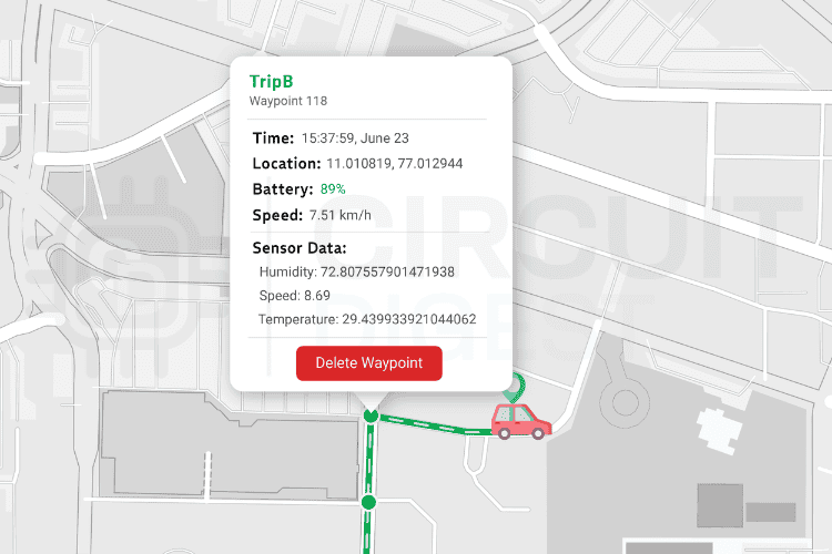 Waypoint information popup showing specific GPS coordinate details with timestamp, location data, and delete waypoint option for individual data points