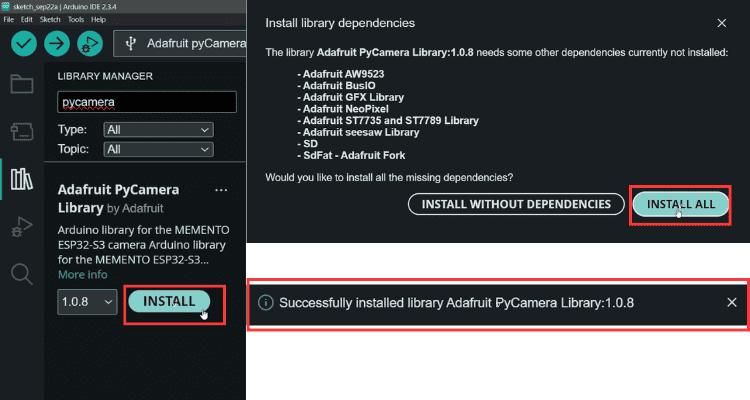 Installing Adafruit PyCamera library in Arduino IDE for MEMENTO dev board tutorial