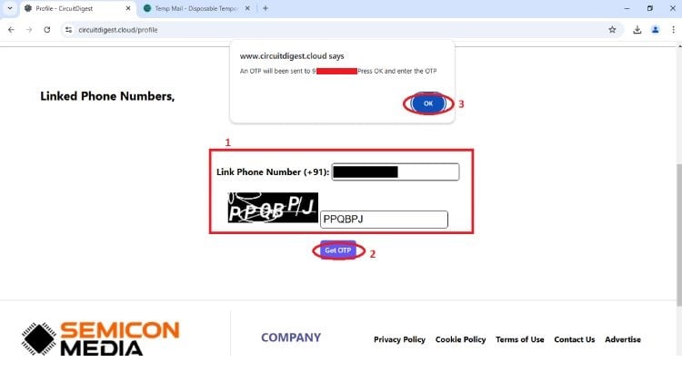 Entering phone number and OTP to enable SMS alerts in Cloud API