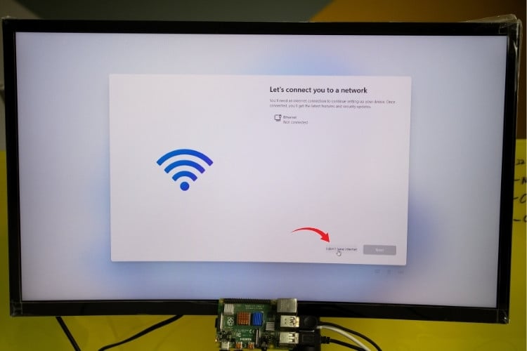 Windows 11 setup showing local account option after bypassing network requirement on Raspberry Pi