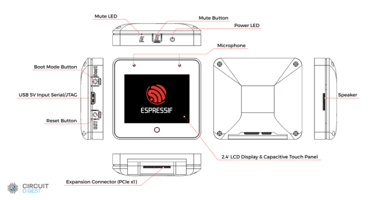 ESP32-S3-BOX-3 development board orthographic view showing display buttons and USB-C port
