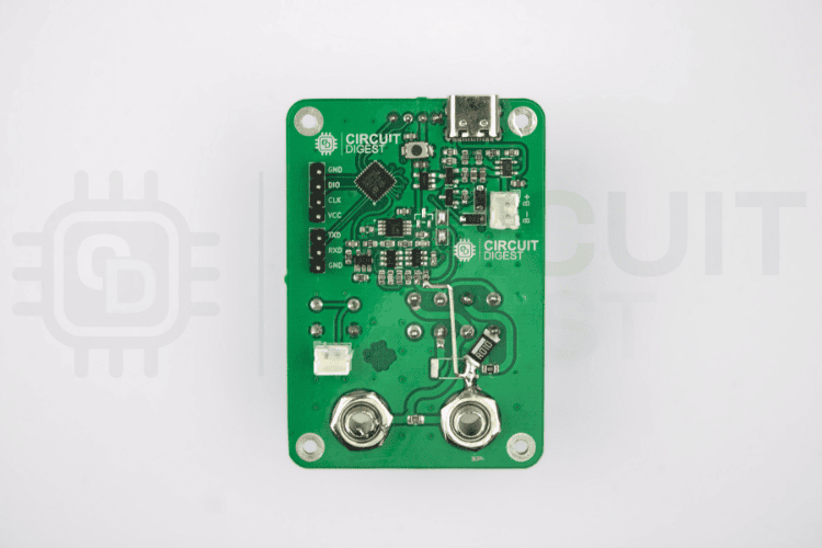 Fully assembled PCB back side showing soldered STM32 microcontroller, precision amplifiers, power management components, and passive components on digital micro amp meter