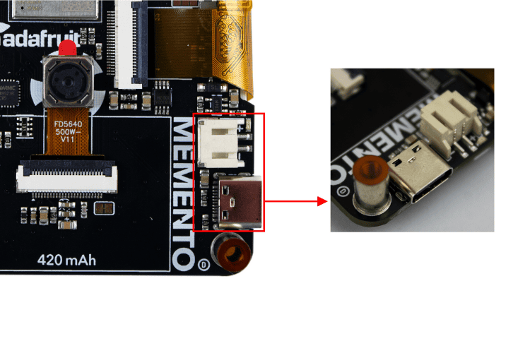 Adafruit MEMENTO power management components including USB-C and battery connector