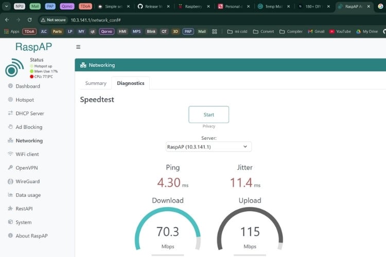 RaspAP diagnostics showing network speed and performance metrics