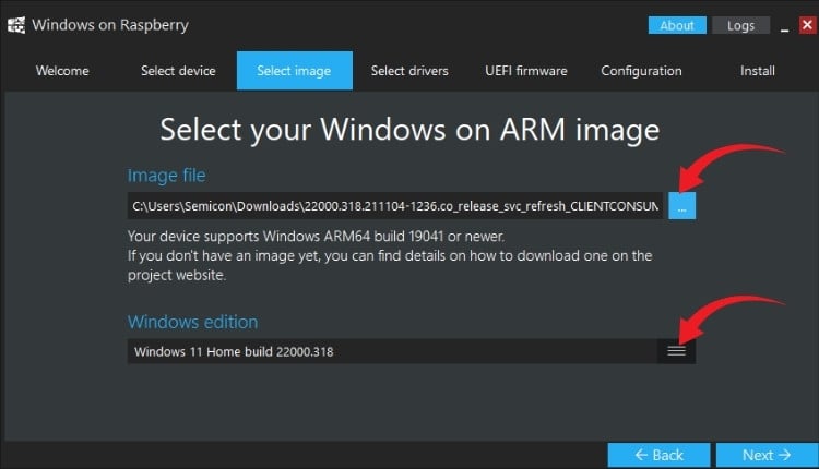 Selecting Windows 11 Pro edition for Raspberry Pi ARM installation in WoR Imager