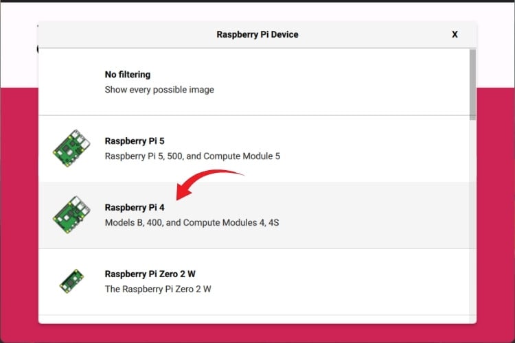 Selecting Raspberry Pi board model in Raspberry Pi Imager for bootloader update