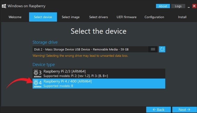 Selecting correct Raspberry Pi device type in WoR Imager for Windows 11 ARM installation
