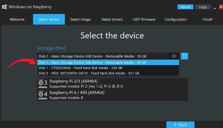 Selecting storage device (microSD or SSD) for Windows 11 installation on Raspberry Pi