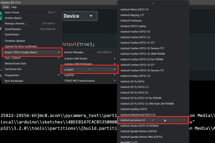 Arduino IDE board selection menu showing Adafruit PyCamera S3 for MEMENTO programming