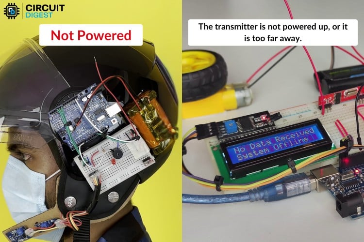 Demonstration of theft detection feature showing disconnected transmitter triggering warning LED and buzzer alerts in smart helmet Arduino project
