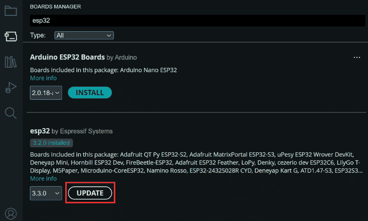Arduino IDE showing how to update ESP32 board library for Adafruit MEMENTO programming