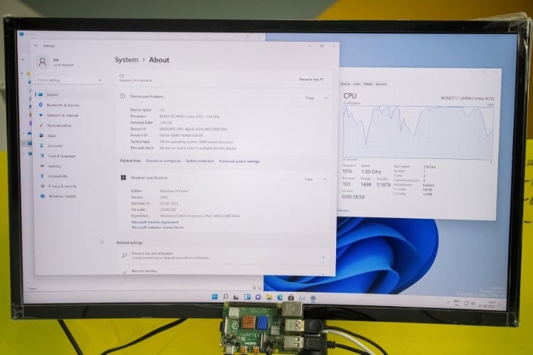 Windows 11 desktop successfully running on Raspberry Pi showing Start menu and taskbar