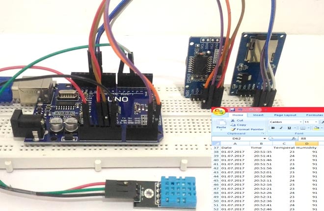 Arduino Temperature Data Logger using DHT11 Log Temperature, Humidity and Time on SD Card and Computer using Arduino
